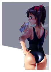 Rule 34 | 10s, 1girl, ass, black hair, bottle, from behind, highres, jorori, long hair, love live!, love live! school idol project, one-piece swimsuit, red eyes, school swimsuit, simple background, solo, swimsuit, twintails, yazawa nico