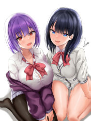 Rule 34 | 10s, 2girls, black hair, blue eyes, blush, bow, breasts, bursting breasts, buttons, collared shirt, dress shirt, gridman universe, highres, hip focus, jacket, large breasts, light purple hair, long hair, long sleeves, looking at viewer, multiple girls, off shoulder, open clothes, open jacket, pantyhose, piukute062, purple jacket, red bow, red eyes, red neckwear, school uniform, seiza, shinjou akane, shirt, short hair, signature, simple background, sitting, skirt, small breasts, smile, ssss.gridman, sweater, takarada rikka, thighs, white background, white shirt, white sweater