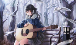 Rule 34 | 1girl, absurdres, acoustic guitar, bare tree, bench, bird, black hair, black skirt, blue bow, blue bowtie, blue coat, bow, bowtie, coat, commentary, day, earmuffs, english commentary, feet out of frame, fur-trimmed coat, fur trim, guitar, hair rings, highres, huge filesize, instrument, lantern, long hair, long sleeves, looking at viewer, miniskirt, music, nagul, on bench, open clothes, open coat, orange eyes, original, outdoors, parted lips, playing instrument, pleated skirt, sitting, skirt, solo, tree, very long hair, winter, winter clothes, winter coat