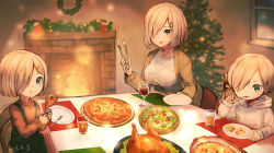 Rule 34 | 3girls, alcohol, blue eyes, blush, chair, christmas, christmas ornaments, christmas tree, commission, cup, drink, drinking glass, eating, food, green skirt, hair ornament, hair over one eye, hairclip, hamakaze (kancolle), holding, holding food, hood, hoodie, kantai collection, long sleeves, multiple girls, multiple persona, open mouth, pizza, short hair, silver hair, sitting, skeb commission, skirt, smile, suspender skirt, suspenders, turkey (food), utensil in mouth, white hoodie, window, wine, wine glass, wss (nicoseiga19993411)