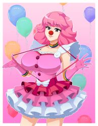 Rule 34 | 1girl, absurdres, ace attorney, armor, balloon, breasts, capcom, choker, clown girl, clown nose, female focus, frilled skirt, frills, geiru toneido, gloves, highres, large breasts, lips, medium hair, pauldrons, phoenix wright: ace attorney - spirit of justice, pink hair, rainbow, saburox, shoulder armor, skirt, solo, suspenders, suspenders pull