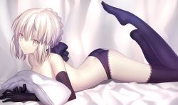 Rule 34 | 1girl, arched back, artoria pendragon (all), artoria pendragon (fate), ass, black gloves, black panties, black thighhighs, blue thighhighs, bow, breasts, butt crack, cleavage, elbow gloves, fate/stay night, fate (series), gloves, grey eyes, hair bow, highres, lace, lace-trimmed legwear, lace-trimmed panties, lace trim, legs up, looking at viewer, lying, mashima saki (mashimasa), no shoes, on stomach, pale skin, panties, parted lips, pillow, platinum blonde hair, saber (fate), saber alter, short hair, solo, thighhighs, underwear