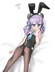 Rule 34 | 1girl, absurdres, alternate costume, animal ears, black leotard, black pantyhose, blue eyes, blue necktie, detached collar, feet out of frame, hair ornament, hair ribbon, highres, kantai collection, langley (kancolle), leotard, looking at viewer, lying, maru (marg0613), medium hair, necktie, one-hour drawing challenge, pantyhose, playboy bunny, purple hair, rabbit ears, ribbon, solo, wrist cuffs
