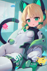 Rule 34 | 1girl, animal ear headphones, animal ears, blonde hair, blue archive, blush, bodysuit, bow, breasts, cat tail, controller, covered navel, fake animal ears, game controller, green bow, green eyes, hair bow, headphones, highres, midori (blue archive), open mouth, saebashi, short hair, signature, small breasts, solo, tail, twitter username, white bodysuit