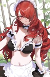 Rule 34 | 1girl, alternate costume, apron, bikini, bikini top only, black skirt, breasts, commentary request, enmaided, ev (dai00888), frilled bikini, frilled skirt, frills, hair over one eye, highres, kirijou mitsuru, long bangs, long hair, looking at viewer, maid, maid bikini, maid headdress, medium breasts, navel, persona, persona 3, playing with own hair, red eyes, red hair, revision, signature, simple background, skirt, solo, swimsuit, unconventional maid, waist apron, wrist cuffs