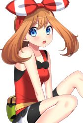 Rule 34 | 1girl, bad id, bad pixiv id, bag, bare shoulders, between legs, bike shorts, blue eyes, blush, breasts, brown hair, collarbone, creatures (company), female focus, game freak, hair between eyes, hairband, hand between legs, highres, looking at viewer, looking to the side, may (pokemon), may (pokemon oras), medium breasts, nintendo, open mouth, own hands together, pokemon, pokemon oras, red shirt, shiny skin, shirt, short shorts, shorts, simple background, sitting, sleeveless, sleeveless shirt, solo, v arms, white background, white shorts, yuihico