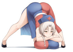 Rule 34 | 1girl, ass, black footwear, blue dress, blue hat, braid, breasts, closed mouth, cross, diisuke, dress, full body, grey hair, hat, huge breasts, jack-o&#039; challenge, large breasts, looking down, medium hair, multicolored clothes, multicolored dress, nurse cap, red cross, red dress, simple background, single braid, solo, top-down bottom-up, touhou, trigram, white background, yagokoro eirin, yellow eyes
