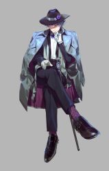 Rule 34 | 1boy, azul ashengrotto, bad id, bad pixiv id, black hat, black jacket, black pants, black suit, blue eyes, bow, bowtie, brown footwear, buckle, buttons, cane, closed mouth, coat, coat on shoulders, collared shirt, crossed legs, cummerbund, dress shirt, dress shoes, fedora, formal, fringe trim, full body, glasses, gloves, grey-framed eyewear, grey background, grey hair, hand on own chin, hat, hat bow, hat ornament, highres, invisible chair, jacket, light, long sleeves, looking at viewer, male focus, mole, mole under mouth, monk shoes, pants, pointing, pointing at viewer, print socks, purple bow, purple bowtie, purple socks, shell, shirt, shoco (sco labo), shoes, signature, simple background, sitting, smile, socks, solo, stole, suit, trench coat, twisted wonderland, white gloves, white shirt, wing collar