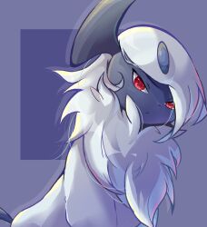 Rule 34 | absol, animal focus, artist name, closed mouth, creatures (company), drop shadow, fur collar, game freak, gen 3 pokemon, highres, looking at viewer, nintendo, no humans, pokemon, pokemon (creature), purple background, red eyes, shia (shi12 poke), short hair, sidelocks, signature, simple background, solo, upper body, white hair