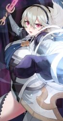 Rule 34 | 1girl, absurdres, aiming, aiming at viewer, armor, attack, black hairband, blue cape, blush, cape, corrin (female) (fire emblem), corrin (fire emblem), fire emblem, fire emblem fates, gloves, hair between eyes, hairband, highres, holding, holding sword, holding weapon, incoming attack, long hair, looking at viewer, nintendo, open mouth, pearlbbbb, pointy ears, red eyes, solo, sword, weapon, white hair, yato (fire emblem)