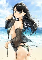Rule 34 | 1girl, :d, absurdres, arm up, ass, bare shoulders, beach, bikini, black bikini, black hair, black ribbon, blue sky, breasts, cloud, commentary request, cowboy shot, day, from behind, green eyes, hand in own hair, highres, horizon, huge filesize, lace-trimmed sleeves, lace trim, lens flare, long hair, looking at viewer, looking back, medium breasts, o-ring, o-ring bikini, ocean, off shoulder, open mouth, original, outdoors, ribbon, see-through, short sleeves, side-tie bikini bottom, sideboob, sky, smile, solo, standing, sunlight, swimsuit, takenoko no you, untied bikini, water