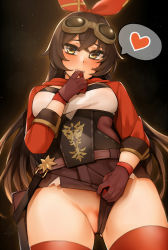 Rule 34 | 1girl, amber (genshin impact), bababababan, bad id, bad pixiv id, biting, blush, breasts, brown eyes, brown hair, brown shorts, censored, clothing aside, commentary, corset, dark background, female masturbation, finger biting, from below, genshin impact, gloves, gluteal fold, goggles, goggles on head, groin, hair ribbon, heart, highres, long hair, long sleeves, looking at viewer, looking down, masturbation, mosaic censoring, no panties, parted lips, partially visible vulva, red gloves, red ribbon, red thighhighs, ribbon, short shorts, shorts, shorts aside, shrug (clothing), small breasts, solo, speech bubble, spoken heart, symbol-only commentary, thighhighs, very long hair