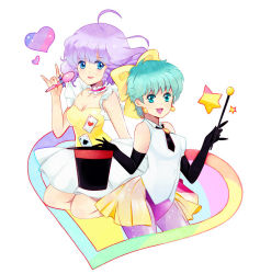 Rule 34 | 1980s (style), 2girls, ahoge, blue eyes, breasts, cleavage, creamy mami, crossover, dress, gloves, green hair, hair ribbon, happy, hat, heart, kusayusaai, looking at viewer, magical emi, magical girl, magician, mahou no star magical emi, mahou no tenshi creamy mami, microphone, multiple girls, oldschool, pantyhose, purple hair, retro artstyle, ribbon, short hair, simple background, skirt, smile, star (symbol), wand, white background, zw1990