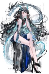 Rule 34 | 1girl, aqua hair, arknights, bare legs, bead bracelet, beads, black footwear, black hair, blue dress, blue skin, bracelet, breasts, china dress, chinese clothes, closed mouth, colored skin, crossed legs, dragon, dragon girl, dragon horns, dragon tail, dress, dusk (arknights), dusk (everything is a miracle) (arknights), earrings, full body, gawako, gradient skin, high heels, highres, horns, ink, jewelry, long hair, looking at viewer, medium breasts, multicolored hair, neck ribbon, official alternate costume, pelvic curtain, pointy ears, red eyes, red ribbon, ribbon, sitting, sleeveless, sleeveless dress, solo, tail, tassel, tassel earrings, two-tone hair, very long hair
