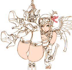 Rule 34 | 1girl, ass, boots, breasts, cleavage, curvy, cyberpunk, elbow gloves, fingerless gloves, gloves, goggles, green eyes, hair ribbon, high heel boots, high heels, huge weapon, large breasts, legs up, lipstick, makeup, miniskirt, monochrome, nasca (yamashita shunya), original, panties, partially colored, ribbon, shoes, short hair, side ponytail, skirt, smile, solo, spot color, sword, thighhighs, thighs, underwear, weapon, wings, unfinished, yamashita shun&#039;ya