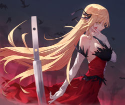 Rule 34 | 1girl, bare shoulders, black ribbon, blonde hair, blood, blood on clothes, blood on face, blood on gloves, breasts, collarbone, commentary request, dress, elbow gloves, gloves, hair between eyes, hair ribbon, hand on own face, highres, kiss-shot acerola-orion heart-under-blade, large breasts, long hair, monogatari (series), oshino shinobu, pointy ears, red dress, ribbon, solo, sword, tesin (7aehyun), vampire, very long hair, weapon, white gloves, yellow eyes