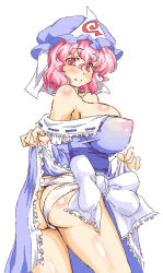 Rule 34 | 1girl, anus, ass, bare shoulders, breasts, clothes lift, dress, female focus, from behind, hat, huge breasts, long skirt, looking back, lute (apocalypselibrary), nipples, panties, pink eyes, pink hair, puffy nipples, saigyouji yuyuko, see-through, short hair, simple background, skirt, skirt lift, solo, standing, touhou, underwear, white background, white panties