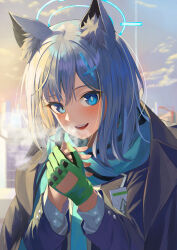 Rule 34 | 1girl, absurdres, animal ear fluff, animal ears, black jacket, blue archive, blue eyes, blue halo, blue scarf, blush, chakuma (yiyh1468), gloves, green gloves, grey hair, hair between eyes, halo, highres, jacket, long sleeves, looking at viewer, medium hair, open mouth, scarf, shiroko (blue archive), single glove, smile, solo, upper body, wolf ears