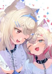 Rule 34 | 2girls, belt collar, black collar, blonde hair, blue eyes, blue hair, blush, collar, dadada, dress, fang, fangs, fuwawa abyssgard, fuwawa abyssgard (1st costume), hair ornament, hairpin, hand up, highres, hololive, hololive english, long hair, looking at another, medium hair, mococo abyssgard, mococo abyssgard (1st costume), multicolored hair, multiple girls, open mouth, pink eyes, pink hair, shirt, siblings, sisters, skin fang, skin fangs, smile, spiked collar, spikes, streaked hair, twins, two side up, virtual youtuber, white background, white dress, white shirt, x hair ornament