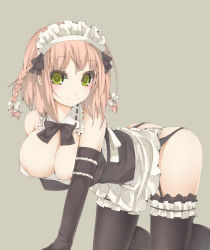 Rule 34 | 1girl, apron, arutoria, ass, bad id, bad pixiv id, black thighhighs, blush, bow, braid, breasts, cleavage, detached collar, elbow gloves, frills, garter belt, garter straps, gloves, green eyes, hair bow, large breasts, looking at viewer, maid, maid apron, maid headdress, original, pink hair, smile, solo, thighhighs, twin braids