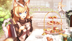 Rule 34 | 2girls, :d, animal ear fluff, animal ears, arknights, armor, black gloves, black headwear, black ribbon, black sweater, blemishine (arknights), blonde hair, blue eyes, breasts, cake, cape, chair, closed mouth, commentary request, cup, fang, food, fur-trimmed cape, fur trim, garrison cap, gloves, hair between eyes, hair ribbon, hat, hellnyaa, highres, horse ears, horse girl, horse tail, long hair, long sleeves, looking at viewer, multiple girls, open mouth, outdoors, plate, ribbon, sitting, skin fang, smile, solo focus, spoon, stairs, sweater, sweets, table, tail, tea, tea party, teacup, teapot, turtleneck, turtleneck sweater, upper body, vest, whislash (arknights), white cape, white vest