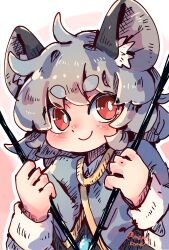 Rule 34 | 1girl, ahoge, animal ear fluff, animal ears, blush, bright pupils, capelet, closed mouth, commentary request, dowsing rod, grey capelet, grey hair, grey vest, highres, holding, long sleeves, looking at viewer, mame komari, mouse ears, mouse girl, nazrin, one-hour drawing challenge, red eyes, shirt, short hair, smile, solo, thick eyebrows, touhou, twitter username, upper body, vest, white pupils, white shirt