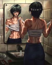 Rule 34 | 1girl, bandaged chest, bandaged hand, bandages, bandeau, bathroom, blood, bloody bandages, closed mouth, commentary, english commentary, faucet, green hair, highres, jujutsu kaisen, looking at mirror, mirror, navel, pants, riaxart, sarashi, scar, short hair, sink, solo, spoilers, strapless, tube top, zenin maki