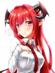 Rule 34 | 1girl, between breasts, blush, breasts, commentary request, demon horns, dress shirt, eyelashes, hair between eyes, hair intakes, hand on own chest, head wings, heart, horns, koakuma, large breasts, lips, long hair, long sleeves, looking at viewer, low wings, necktie, necktie between breasts, pointy ears, red eyes, red hair, red necktie, rody (hayama yuu), shirt, sidelocks, simple background, smile, solo, touhou, upper body, very long hair, white background, white shirt, wings