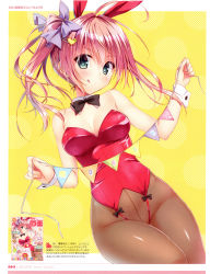 Rule 34 | 1girl, :q, absurdres, animal ears, blush, bow, bowtie, breasts, cleavage, dengeki moeou, detached collar, fake animal ears, female focus, green eyes, hair bow, hair ornament, hairclip, highres, leotard, looking at viewer, medium breasts, pantyhose, pink hair, playboy bunny, rabbit ears, red leotard, ryouka (suzuya), scan, solo, tongue, tongue out, wrist cuffs