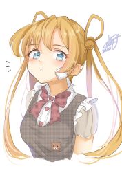 Rule 34 | 1girl, ^^^, abukuma (kancolle), alternate costume, bandaid, bandaid on face, bear pin, blonde hair, blue eyes, bow, calin, cropped torso, dated, double bun, frilled shirt, frills, hair between eyes, hair bun, hair rings, highres, kantai collection, long hair, looking at viewer, one-hour drawing challenge, plaid, plaid bow, red bow, shirt, short sleeves, signature, simple background, solo, white background