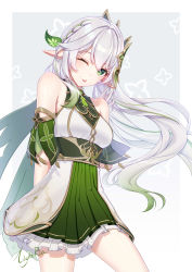 Rule 34 | 1girl, ;p, absurdres, aged up, bare shoulders, braid, breasts, closed mouth, cowboy shot, detached sleeves, dress, frilled dress, frills, genshin impact, gradient background, gradient hair, green dress, green eyes, green hair, grey background, hair ornament, highres, layered dress, lightria, long hair, looking at viewer, medium breasts, multicolored hair, nahida (genshin impact), one eye closed, pleated dress, pointy ears, short sleeves, side ponytail, smile, tongue, tongue out, very long hair, white background, white dress, white hair