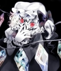Rule 34 | 1girl, bow, commentary, covering face, crystal, eyebrows hidden by hair, fingernails, flandre scarlet, greyscale, hair between eyes, hair bow, hands up, hat, looking at viewer, medium hair, mob cap, monochrome, nail polish, one side up, red eyes, skirt, slit pupils, solo, spot color, touhou, upper body, vest, wings, wrist cuffs, yonago