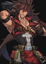 Rule 34 | 1boy, armband, belt, belt buckle, brown hair, buckle, gloves, guilty gear, headband, highres, holding, holding weapon, long hair, male focus, muscular, pointing, pointing at self, samei ikusa, sol badguy, solo, weapon, yellow eyes