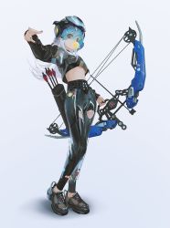 Rule 34 | 1girl, arm up, arrow (projectile), black nails, black pants, blue-tinted eyewear, bow (weapon), breasts, bubble, chewing, chewing gum, full body, headwear request, helmet, highres, holding, holding bow (weapon), holding weapon, jacket, long hair, long sleeves, looking at viewer, nail polish, original, pants, pink eyes, quiver, see-through, shoelaces, shoes, sidelocks, simple background, small breasts, sneakers, solo, standing, stomach, tinted eyewear, transparent footwear, ttk (kirinottk), visor, weapon, white hair, zipper pull tab