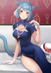 Rule 34 | 1girl, animal ears, black eyes, blue hair, braid, breasts, cat ears, cat tail, china dress, chinese clothes, cleavage, cleavage cutout, clothing cutout, collarbone, dress, facial mark, final fantasy, final fantasy xiv, gem, gloves, hat, unworn hat, unworn headwear, highres, indoors, looking at viewer, medium breasts, miqo&#039;te, moko (user vnsh2874), pearl (gemstone), short hair, side slit, sitting, smile, solo, swept bangs, tail, white gloves