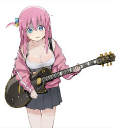 Rule 34 | 1girl, absurdres, black skirt, blue eyes, bocchi the rock!, breasts, cleavage, cowboy shot, crop top, gotoh hitori, guitar, highres, holding, holding instrument, instrument, jacket, large breasts, long hair, long sleeves, off shoulder, one side up, open clothes, open jacket, open mouth, pink hair, pink jacket, pleated skirt, raised eyebrows, sadamatsu ryuuichi, shirt, simple background, skirt, solo, tank top, tearing up, tears, turn pale, wavy mouth, white background, white shirt