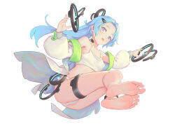 Rule 34 | 1girl, bare shoulders, barefoot, bigrbear, blue hair, camisole, feet, hair ornament, hairclip, jacket, long hair, looking at viewer, open clothes, open jacket, open mouth, original, panties, red eyes, solo, thigh strap, underwear, white background, white camisole, white panties