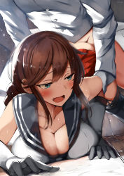 Rule 34 | 1boy, 1girl, admiral (kancolle), against wall, artist name, ass, bad id, bad pixiv id, bare shoulders, belko, blue eyes, blush, braid, breasts, brown hair, cleavage, clothed sex, collarbone, doggystyle, gloves, hair between eyes, heavy breathing, hetero, highres, kantai collection, large breasts, long hair, military, military uniform, necktie, noshiro (kancolle), open mouth, school uniform, serafuku, sex, sex from behind, shirt, sidelocks, skirt, sleeveless, standing, standing sex, sweat, swept bangs, thighhighs, thighs, twin braids, uniform, white gloves