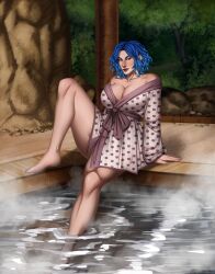 Rule 34 | arms at sides, blue eyes, blue hair, breasts, htreww, large breasts, muscular, muscular female, onsen, robe, scar