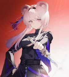 Rule 34 | 1girl, animal ears, arknights, black shirt, black skirt, breasts, hairband, hand on own hip, highres, holding, holding sword, holding weapon, jewelry, lin (arknights), long hair, long sleeves, looking at viewer, mouse ears, mouse girl, necklace, pingdiguo, pink eyes, pink hair, red background, shirt, simple background, skirt, small breasts, solo, sword, upper body, weapon