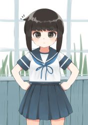 Rule 34 | 1girl, black eyes, black hair, blue sailor collar, blue skirt, commentary request, cowboy shot, fubuki (kancolle), hands on own hips, highres, kantai collection, long hair, looking at viewer, low ponytail, pleated skirt, ponytail, sailor collar, school uniform, serafuku, short ponytail, sidelocks, skirt, solo, standing, toplow, window, wooden wall