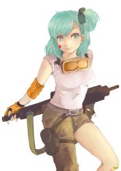 Rule 34 | 1girl, 23 (kms23), aqua eyes, aqua hair, armband, asymmetrical clothes, bad id, bad pixiv id, bandaid, bandaid on face, bandaid on knee, bandaid on leg, belt, bow, breasts, bulma, closed mouth, cowboy shot, dragon ball, dragon ball (classic), fingerless gloves, gloves, goggles, goggles around neck, gun, hair bow, long hair, looking at viewer, md5 mismatch, medium breasts, neck, one side up, pouch, shirt, simple background, single pantsleg, smile, solo, t-shirt, weapon, white shirt