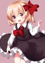 Rule 34 | 1girl, ascot, black skirt, black vest, blonde hair, blush, brown background, collared shirt, frilled skirt, frills, hair between eyes, hair ribbon, highres, long sleeves, looking at viewer, open mouth, red ascot, red eyes, red ribbon, ribbon, rumia, ruu (tksymkw), shirt, short hair, simple background, skirt, smile, solo, touhou, vest, white shirt