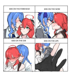 Rule 34 | 2girls, bare shoulders, black gloves, blue hair, closed eyes, dumd, english text, facing another, gloves, green eyes, hololive, hoshimachi suisei, hoshimachi suisei (1st costume), kiss, kiss chart, kissing ear, kissing forehead, kissing nose, looking at another, multiple drawing challenge, multiple girls, multiple views, partially fingerless gloves, pink hair, sakura miko, sakura miko (casual), sketch, smile, upper body, virtual youtuber, white background, yuri