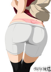 Rule 34 | 1girl, absurdres, ass, backpack, bag, black thighhighs, close-up, from behind, highres, naruto, naruto (series), panties, pink panties, shorts, simple background, solo, stiky finkaz, thighhighs, uchiha sarada, underwear, whale tail (clothing)