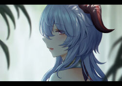 Rule 34 | 1girl, blue hair, blurry, blush, depth of field, eyes visible through hair, from behind, ganyu (genshin impact), genshin impact, hair between eyes, highres, horns, leaf, letterboxed, long hair, parted lips, portrait, purple eyes, selcky, solo