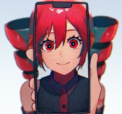 Rule 34 | 1girl, arm tattoo, bare shoulders, black shirt, blurry, blurry background, cellphone, commentary request, depth of field, drill hair, gomi53maru, hair between eyes, holding, holding phone, kasane teto, looking at viewer, number tattoo, phone, pov, pov hands, red eyes, red hair, red trim, shirt, sidelocks, simple background, sleeveless, sleeveless shirt, smartphone, smile, solo, static, tattoo, twin drills, utau, white background