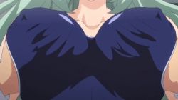 Rule 34 | 1boy, 1girl, animated, animated gif, grabbing another&#039;s breast, breasts, covered erect nipples, gakuen de jikan yo tomare, grabbing, grabbing from behind, green hair, hand under clothes, huge breasts, swimsuit, tagme, time stop