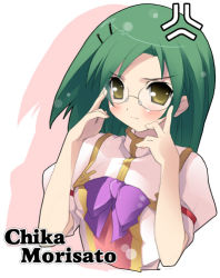 Rule 34 | 1girl, adjusting eyewear, angel breath, anger vein, angry, annoyed, blush, bow, character name, flat chest, frown, glasses, green hair, hair ornament, hairclip, kantoku, long hair, looking at viewer, morisato chika, official art, ribbon, school uniform, serafuku, shadow, simple background, solo, sparkle, swept bangs, turtleneck, upper body, white background, yellow eyes