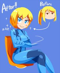 Rule 34 | 1girl, :&gt;, alternate hair length, alternate hairstyle, before and after, blonde hair, blue bodysuit, blue eyes, blush stickers, bob cut, bodysuit, chair, closed mouth, crossed arms, looking at viewer, metroid, mole, mole under mouth, nintendo, ponytail, purple background, rariatto (ganguri), samus aran, simple background, sitting, smile, smug, solo, sparkle, zero suit